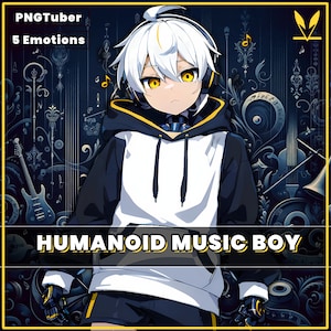 May include: A digital illustration of a humanoid music boy with white hair, yellow eyes, and a black and white hoodie. The background is a dark blue with musical notes and instruments.