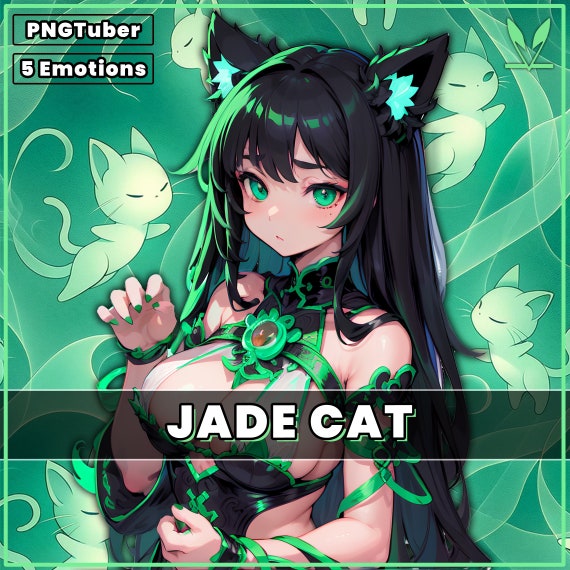 PNGTuber Cute Jade Cat Girl 2D Vtuber premade model with 5 Emotions | pngtuber png tuber vtuber model vtube asset tuberdesigns