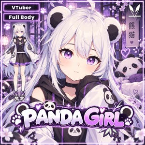 May include: An anime-style character illustration featuring a character with long white hair, purple eyes, and panda-themed accessories. The character wears a black and white hoodie with panda motifs. Text includes VTuber, Full Body, and PANDA GIRL.