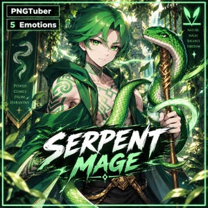 Puede incluir: Una ilustración digital de un personaje de pelo verde titulado Serpent Mage, con tatuajes verdes, una capa verde y un bastón dorado entrelazado con una serpiente verde. El texto incluye PNGTuber, 5 Emotions, Power Comes From Harmony y Nature Magic Balance Freedom.