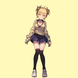 May include: A yellow-haired anime character with pigtails wearing a brown sweater, a blue skirt, black thigh-high socks, and white sneakers. A small anime character with purple hair and a pink bow is in the background.