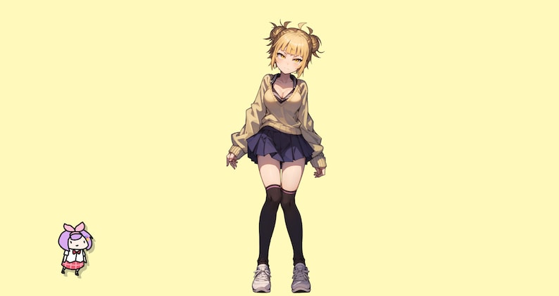 May include: A yellow-haired anime character with pigtails wearing a brown sweater, a blue skirt, black thigh-high socks, and white sneakers. A small anime character with purple hair and a pink bow is in the background.