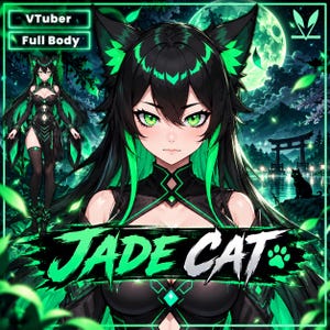 Puede incluir: Una ilustración digital de un personaje con orejas de gato, cabello largo negro y reflejos verde vibrante. El personaje viste un atuendo negro con detalles en verde. El texto dice VTuber, Full Body y JADE CAT con un icono de huella.