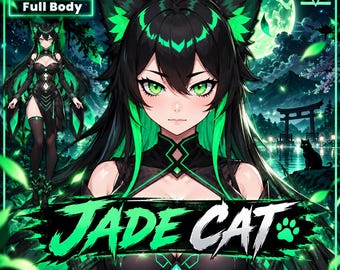 VTuber - Jade Cat Girlは、vtube studio向けのかわいい緑と黒の全身VTuber猫ゴスガールLive2Dモデルです。