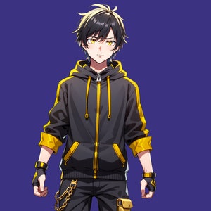 May include: An anime-style character with black hair featuring yellow highlights and amber eyes. The character wears a black hoodie with yellow accents, a front zipper, and yellow sleeve cuffs. A small, stylized character icon is visible in the corner.