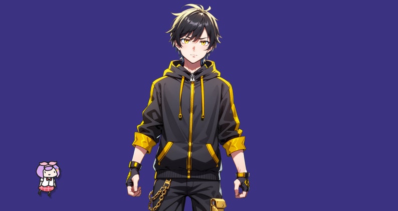 May include: An anime-style character with black hair featuring yellow highlights and amber eyes. The character wears a black hoodie with yellow accents, a front zipper, and yellow sleeve cuffs. A small, stylized character icon is visible in the corner.