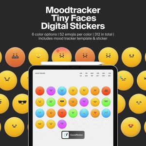 May include: A digital mood tracker template with a calendar and 52 different emoji faces in six colors. The template is designed for use with the GoodNotes app.