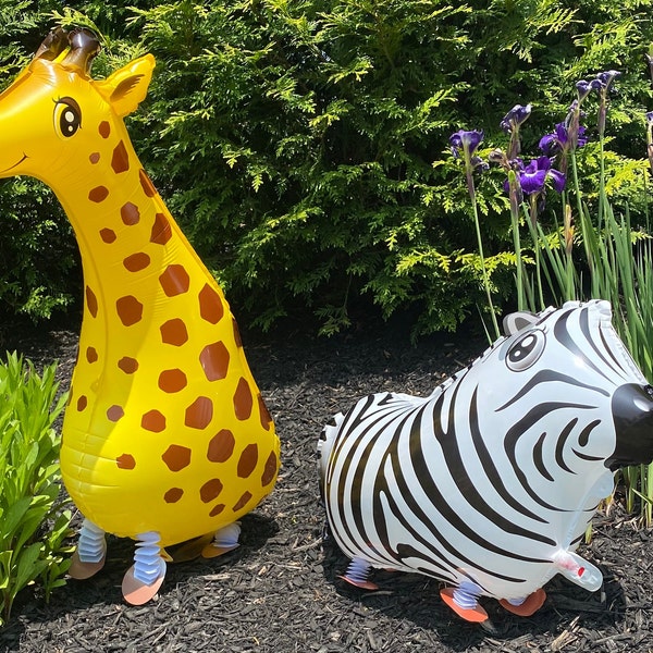 Safari Animal Walking Balloons Set of 2 — Giraffe Zebra — Wild One Jungle Birthday Party Decorations Safari Theme