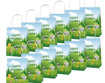 Jungle Safari Party Favor Bags Set of 12 — Happy Birthday Lion Zebra Monkey Giraffe Elephant — Wild One Birthday Goody Bags