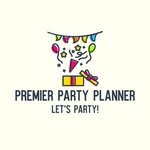 Pu&ograve; includere: Un'illustrazione colorata di un logo di un organizzatore di feste. Una scatola regalo aperta con coriandoli, palloncini e stelle filanti che ne escono. Il testo "PREMIER PARTY PLANNER LET'S PARTY!" &egrave; sotto l'illustrazione.