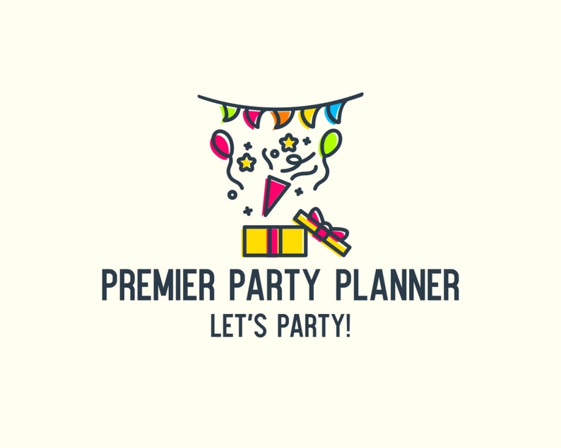 Pu&ograve; includere: Un'illustrazione colorata di un logo di un organizzatore di feste. Una scatola regalo aperta con coriandoli, palloncini e stelle filanti che ne escono. Il testo "PREMIER PARTY PLANNER LET'S PARTY!" &egrave; sotto l'illustrazione.