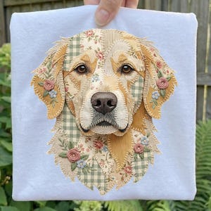 May include: A square, light blue fabric with a detailed patchwork design of a Golden Retriever's face. The dog's face is composed of various fabrics, including floral and plaid patterns, with brown eyes and a black nose. The patchwork is stitched together with visible seams.
