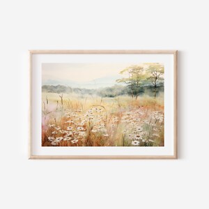 Wildflower Field Print, Watercolor Landscape Painting, Farmhouse Décor, Muted Vintage Landscape, Country Field Wall Art, Instant Download