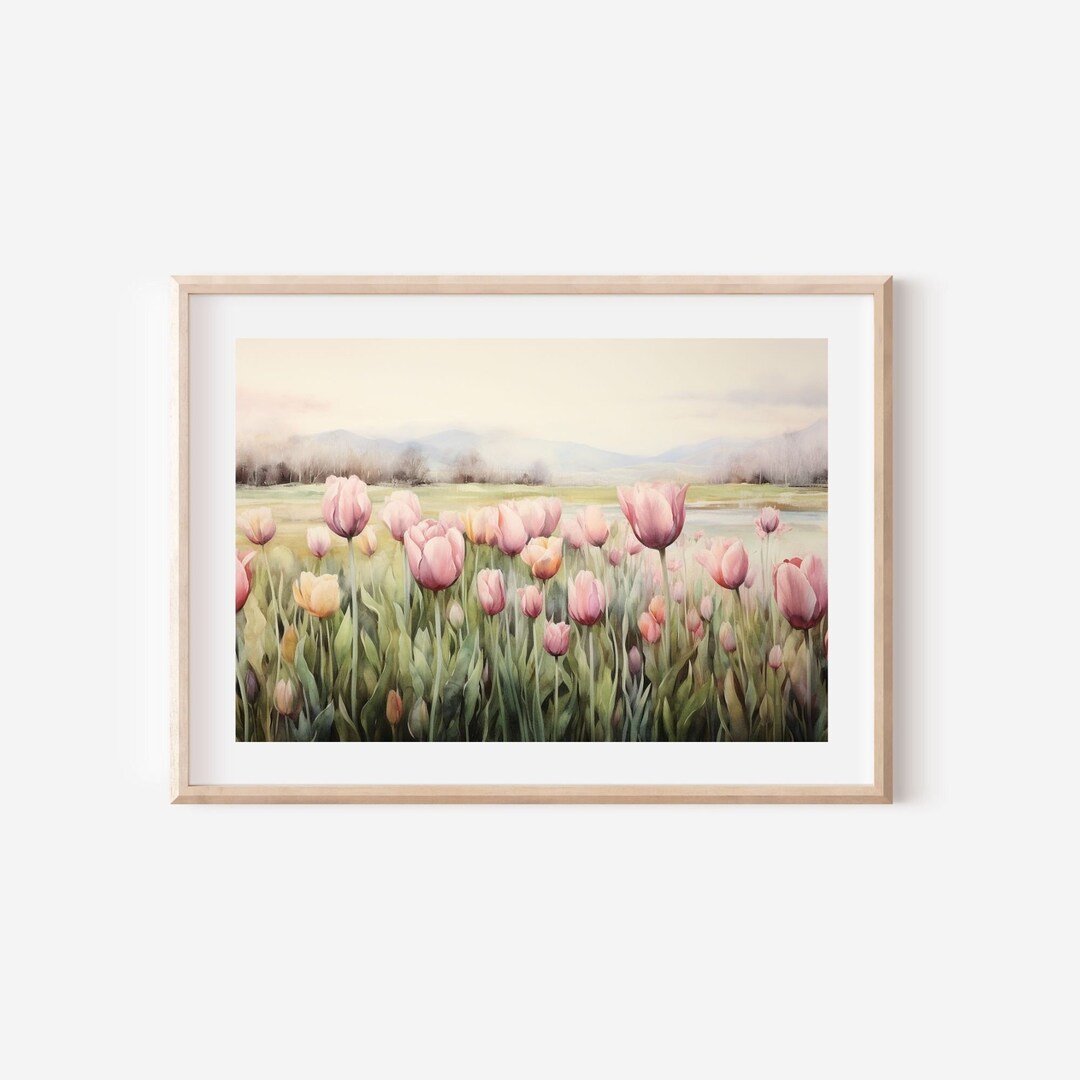 Tulip Flower Field Wall Art, Watercolor Landscape Painting, Farmhouse ...