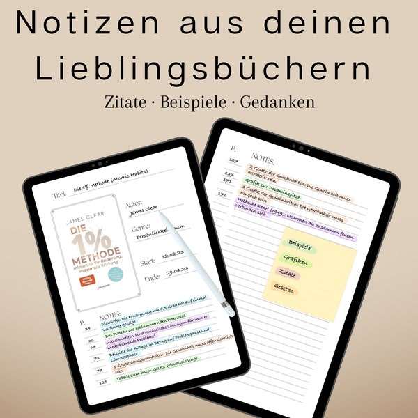 Notizbuch für Bücher | Digital | Gedankenstütze | Übersicht | Notizen | Zitate | Zusammenfassungen