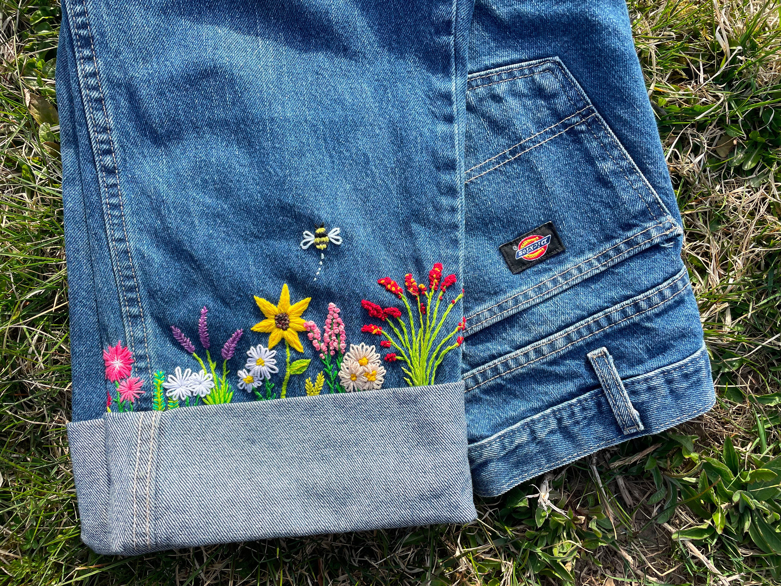 Upcycled Hand-embroidered Floral Jeans 