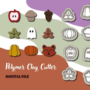 May include: A digital file for polymer clay cutters featuring various autumn and Halloween themed shapes, including an apple, acorn, leaves, pumpkins, a ghost, and a fox.