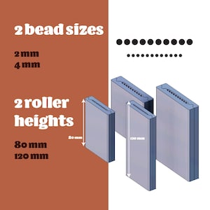 Peut inclure: Diagramme montrant deux tailles de rouleaux, 80 mm et 120 mm, et deux tailles de billes, 2 mm et 4 mm. Les rouleaux sont gris et ont une surface texturée.