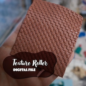 May include: A brown rubber texture roller for creating patterns on clay or fondant. The roller has a repeating pattern of small squares. The image includes the text "Texture Roller DIGITAL FILE".