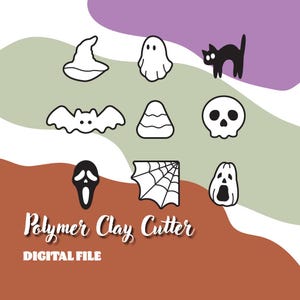 Può includere: Un file digitale con disegni di taglierine per argilla polimerica a tema Halloween. L'immagine include un cappello da strega, un fantasma, un gatto nero, un pipistrello, una caramella di mais, un teschio, una maschera di Scream, una ragnatela e una zucca. Il testo recita "Polymer Clay Cutter" e "DIGITAL FILE".