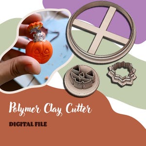 May include: A set of three polymer clay cutters featuring a pumpkin, a jack-o'-lantern face, and a starburst design. The cutters are made of metal and are designed for use with polymer clay. The image also shows a small orange pumpkin made with polymer clay.