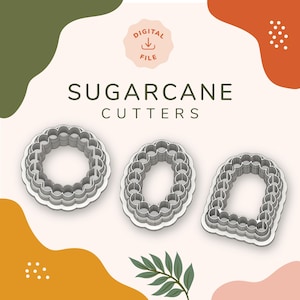 May include: Three gray sugarcane cutters in the shapes of a circle, oval, and arch. The cutters have a scalloped edge design. The words "SUGARCANE CUTTERS" are printed in a dark green font. A digital file icon is in the upper right corner.