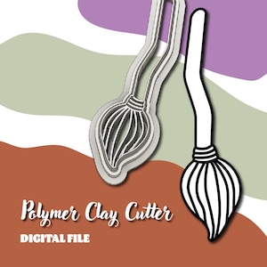 May include: A digital file for a polymer clay cutter in the shape of a witch's broom. The image shows a 3D rendering of the cutter and a black and white illustration of a broom. The text "Polymer Clay Cutter" and "DIGITAL FILE" are also visible.