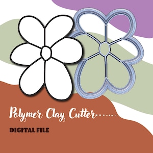 May include: Two flower-shaped polymer clay cutters. One is a solid white outline, and the other is a layered blue and white design. The text "Polymer Clay Cutter" and "DIGITAL FILE" are in the image.
