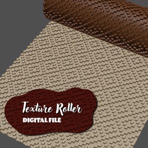 Può includere: Un rullo di texture marrone con un motivo quadrato ripetitivo. Il rullo è parzialmente srotolato, rivelando il motivo che crea su una superficie beige. Il testo "Texture Roller DIGITAL FILE" è scritto in bianco su sfondo rosso.