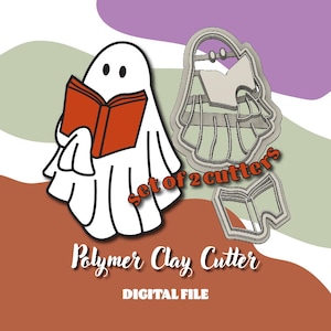 Könnte beinhalten: Ein Set aus zwei Polymer Clay Ausstechern mit einem Geist, der ein Buch liest. Ein Ausstecher ist ein geformter Geist, und der andere ist ein geformter Geist mit Brille und einem Buch. Der Text "set of 2 cutters" ist in Orange. Die Wörter "Polymer Clay Cutter" und "DIGITAL FILE" sind ebenfalls vorhanden.