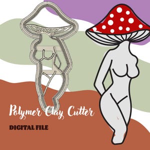 Può includere: Un file digitale con un tagliapasta in argilla polimerica a forma di figura con la testa a fungo. La figura è nuda con un cappello a fungo rosso e bianco. È visibile anche il testo "Polymer Clay Cutter" e "DIGITAL FILE".