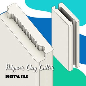 Puede incluir: Dos cortadores de arcilla polimérica blancos se muestran sobre un fondo azul y turquesa. Los cortadores tienen forma rectangular con un borde detallado. El texto "Polymer Clay Cutter" y "DIGITAL FILE" es visible.