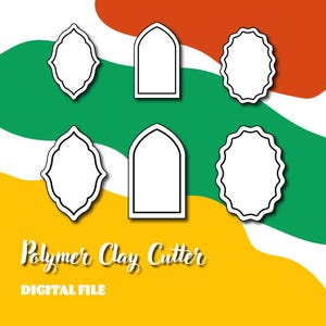 Peut inclure: Cinq formes différentes de découpeurs en pâte polymère : un rectangle arrondi, un rectangle avec un sommet arqué et trois formes ovales arrondies différentes. Les formes sont soulignées en noir et se trouvent sur un fond coloré de vert, jaune, orange et blanc.