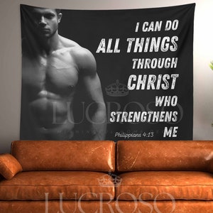 Custom Tapestry Bible Verse Custom Banner Home Gym Decor Wall Hanging Fitness Strength Coach Gift for Him Motivational Wall Art Workout Men