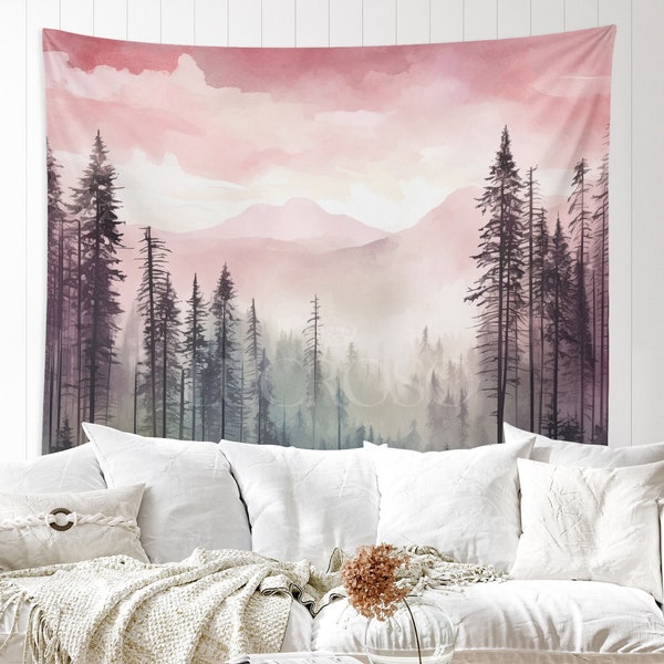 Mountain Watercolor Forest Tapestry Watercolor Tapestry Pink Decor for Bedroom Nature Tapestry Nature Decor Mountain Tapestry Wall Hanging