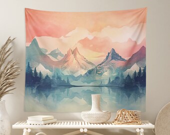 Mountain Tapestry Pink Dorm Room Decor College Tapestry Boho Watercolor Tapestry for Girls Room Mountain Wall Art Nature Wall Hanging