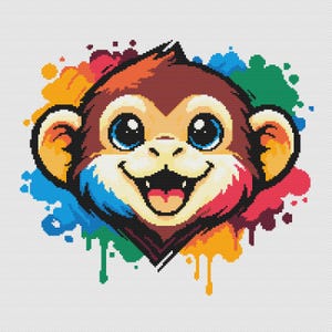 Peut inclure: Illustration pixélisée d'un visage de singe souriant, avec des yeux bleus et une langue tirée. Le singe est entouré d'éclaboussures de peinture multicolores, notamment rouge, bleu, jaune et vert.