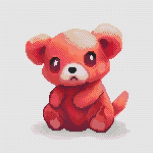 Peut inclure: Un jouet en peluche rouge et blanc en forme d'ours avec une expression triste. L'ours est assis les pattes croisées et a un petit nez noir.