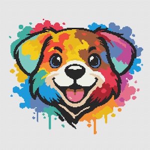 Peut inclure: Illustration stylisée d'un visage de chien joyeux. Le pelage du chien est un mélange de jaune, orange, marron et rouge, avec des yeux bleus et une langue rose. Des éclaboussures de peinture multicolores entourent le chien.