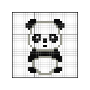Peut inclure: Un design de panda en pixel art avec une fourrure noire et blanche et un nez gris. Le panda est de face, les yeux fermés.