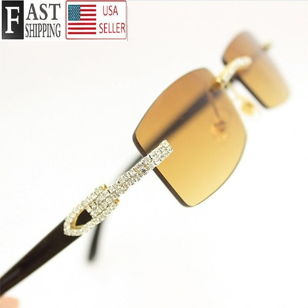 Men's Sunglasses with Crystals Diamonds Rimless Frameless Square Hip Hop Rapper Shades Migos Quavo Gansta Style Designer Sophisticated Buffs