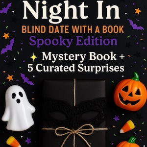 May include: A Halloween-themed image with the text "Ghoul's Night In" and "Spooky Edition." It features a wrapped black gift, a black lace mask, two orange jack-o'-lanterns, candy corn, and a white ghost figurine on a black background.