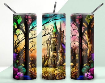 Castle Stained glass seamless skinny tumbler wrap