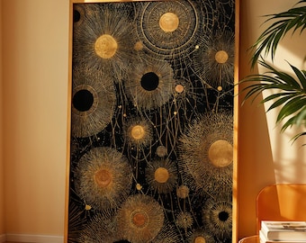 Arte mural abstracto celestial cósmico, astronómico, místico, negro y dorado / Descarga digital / Decoración de pared para el hogar moderno