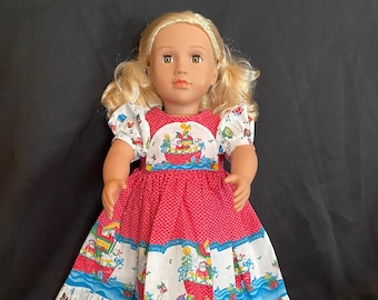 Vestido hecho a mano para muñeca de 18 pulgadas - Diseño navideño del Arca de Noé - Tela vintage Daisy Kingdom