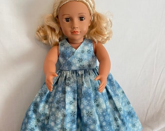 Handmade Full Length Dress for 18 Inch Dolls- Light Blue with Glitter Snowflakes