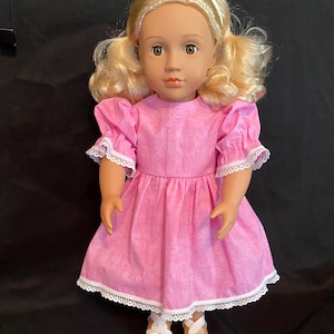 Handmade Dress for 18 Inch Doll - Pink with Heart Swirl Design and White Lace Trim