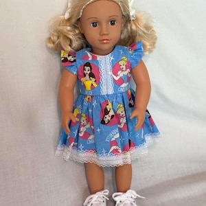 Handmade Belle and Cinderella Print Cotton Dress for 18 Inch Doll Trimmed with Lace - Blue background