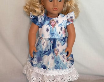 Handmade Elsa (Frozen)  Print Cotton Dress for 18 Inch Doll Trimmed with Lace