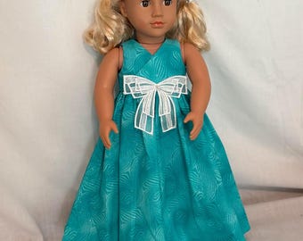 Handmade Teal/Green/Blue long dress with sparkle swirl print and white bow for 18" doll- Sparkles do NOT come off cotton fabric